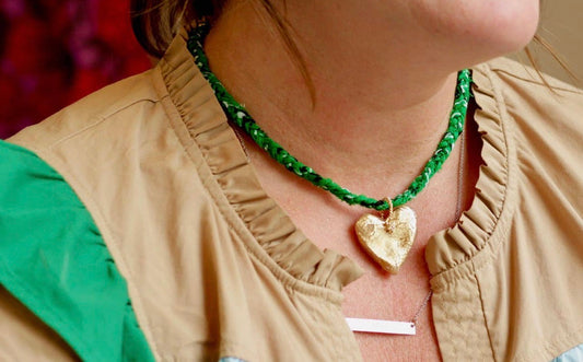 Gold Leaf Heart and Kelly Green Bandana Necklace