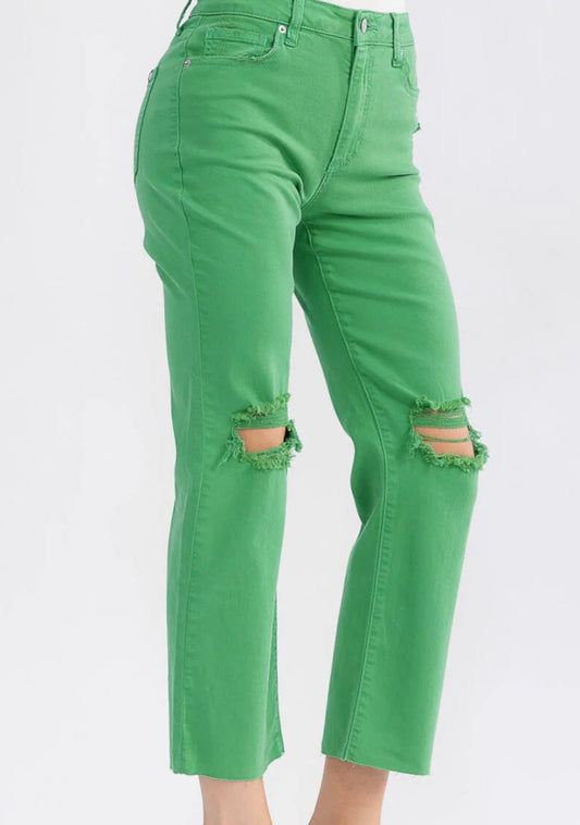 Distressed Green Straight Leg Jeans