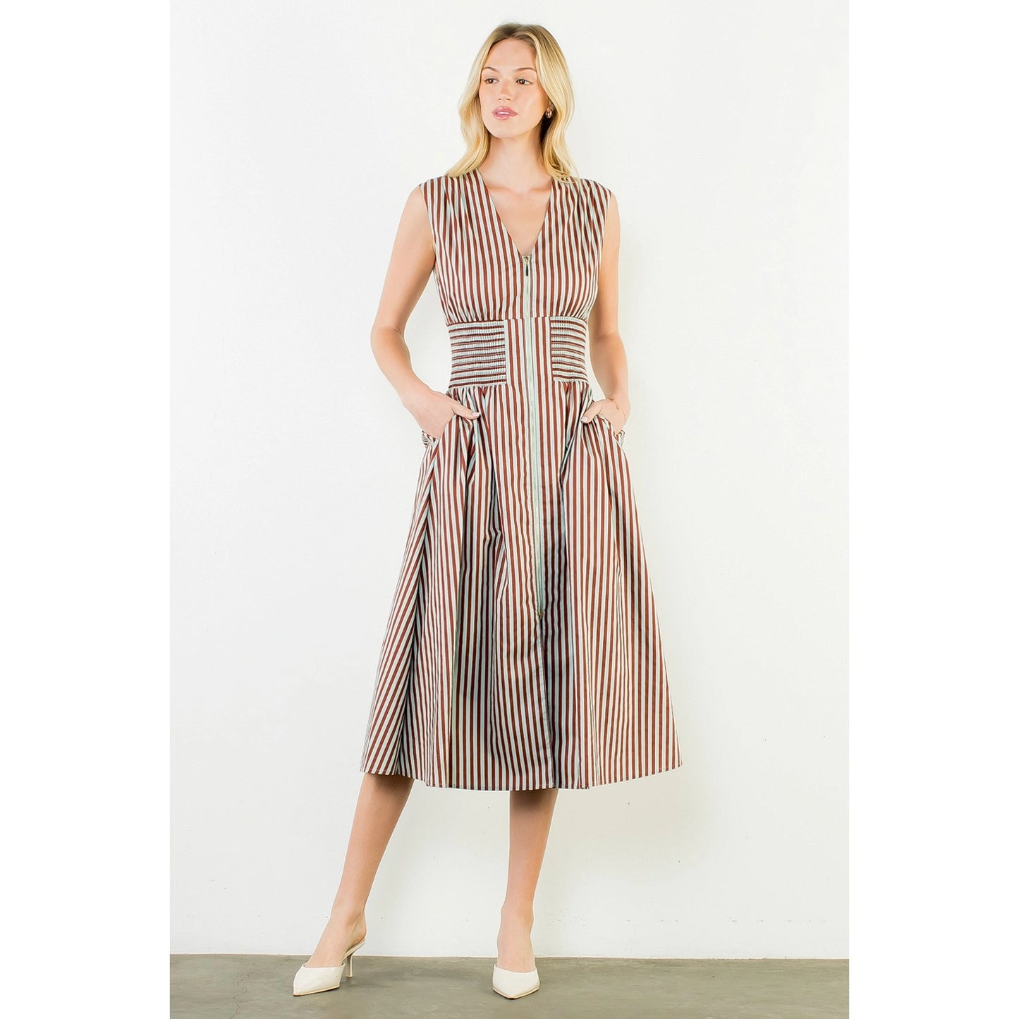 Brown Striped Zippered Dress