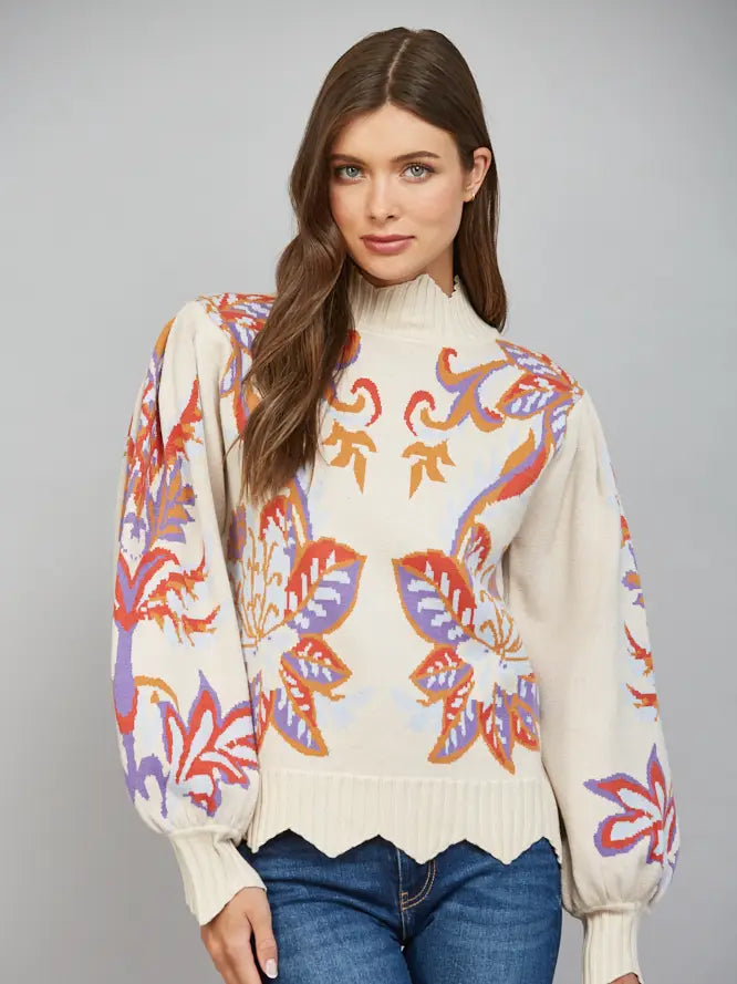 Beige Floral & Leaf Motif Waved Edge Detail Sweater