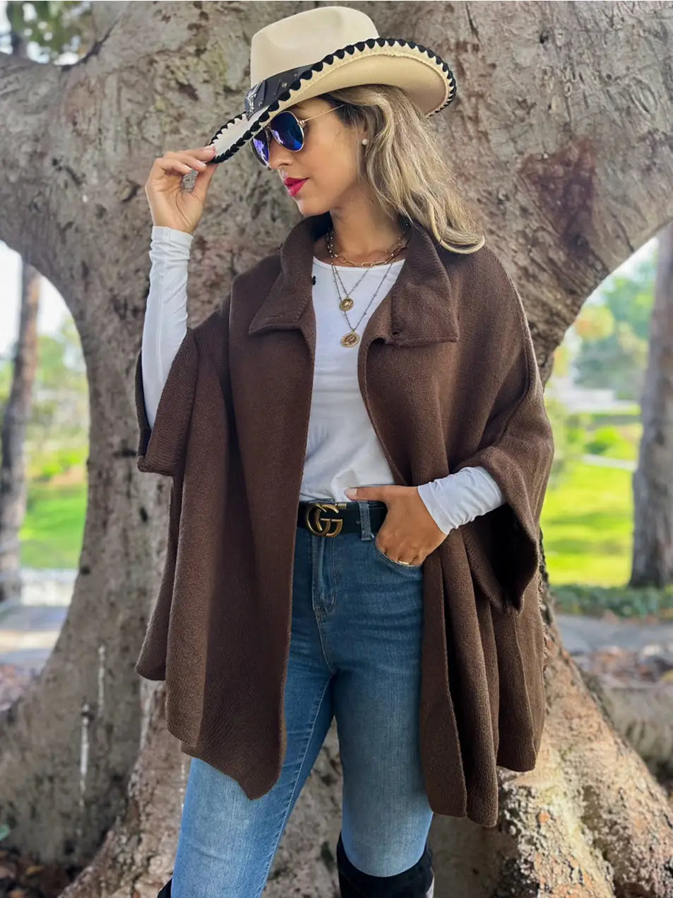 Dark Brown Button Neck Knit Cape Ruana Cardigan