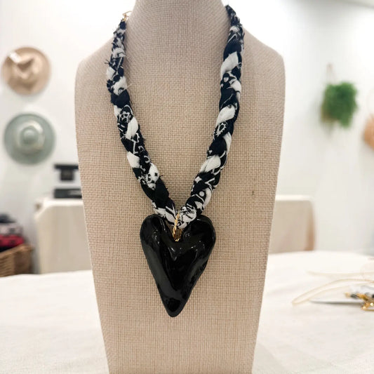 Chunky Black & White Bandana With Black Heart