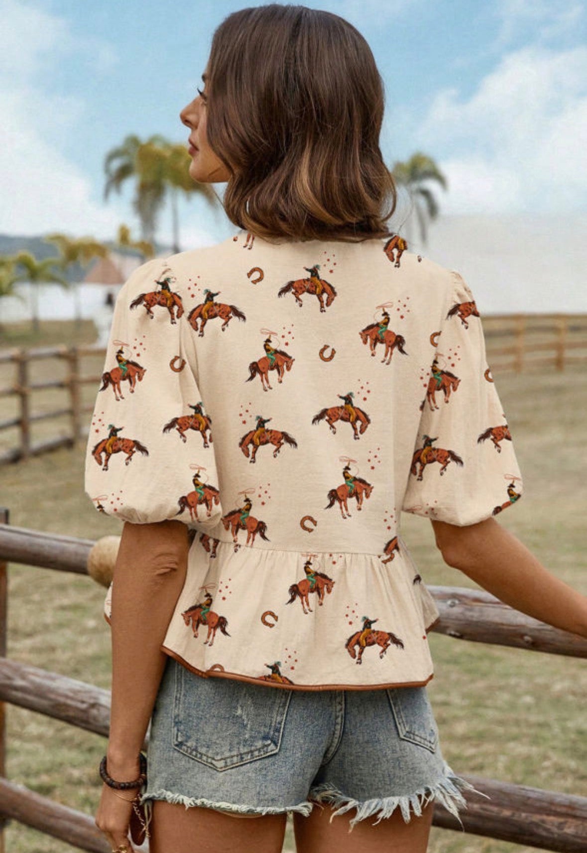 Cowboy Printed Front Tie Blouse