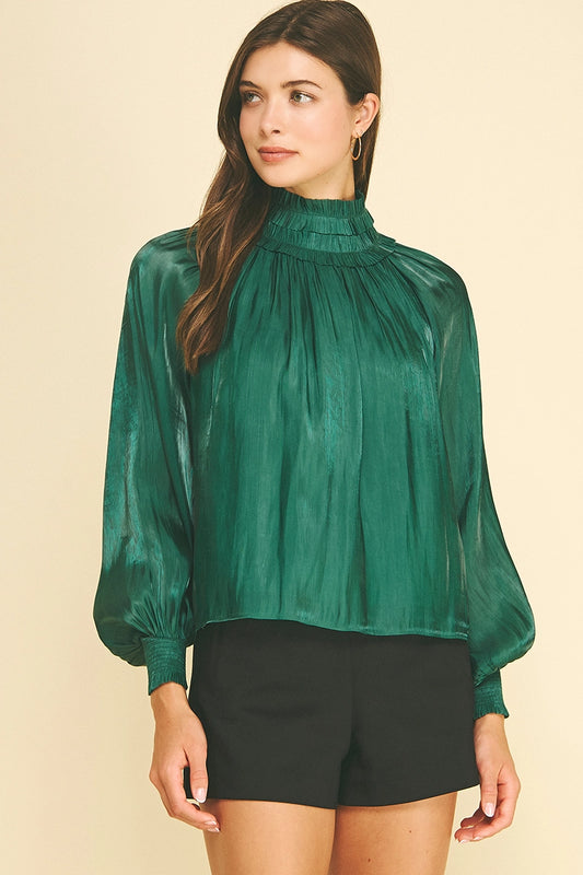 Hunter Green Silky Satin High Mock Neck Blouse