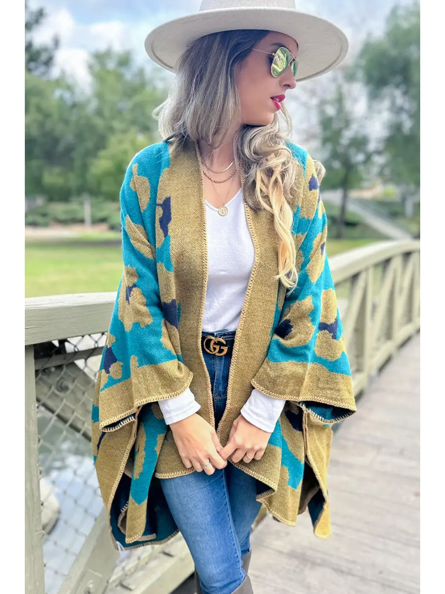 Teal Boho Large Leopard Print Knit Ruana Cardigan