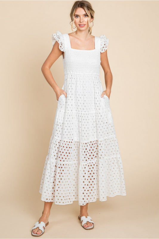 White Solid Eyelet Maxi Dress