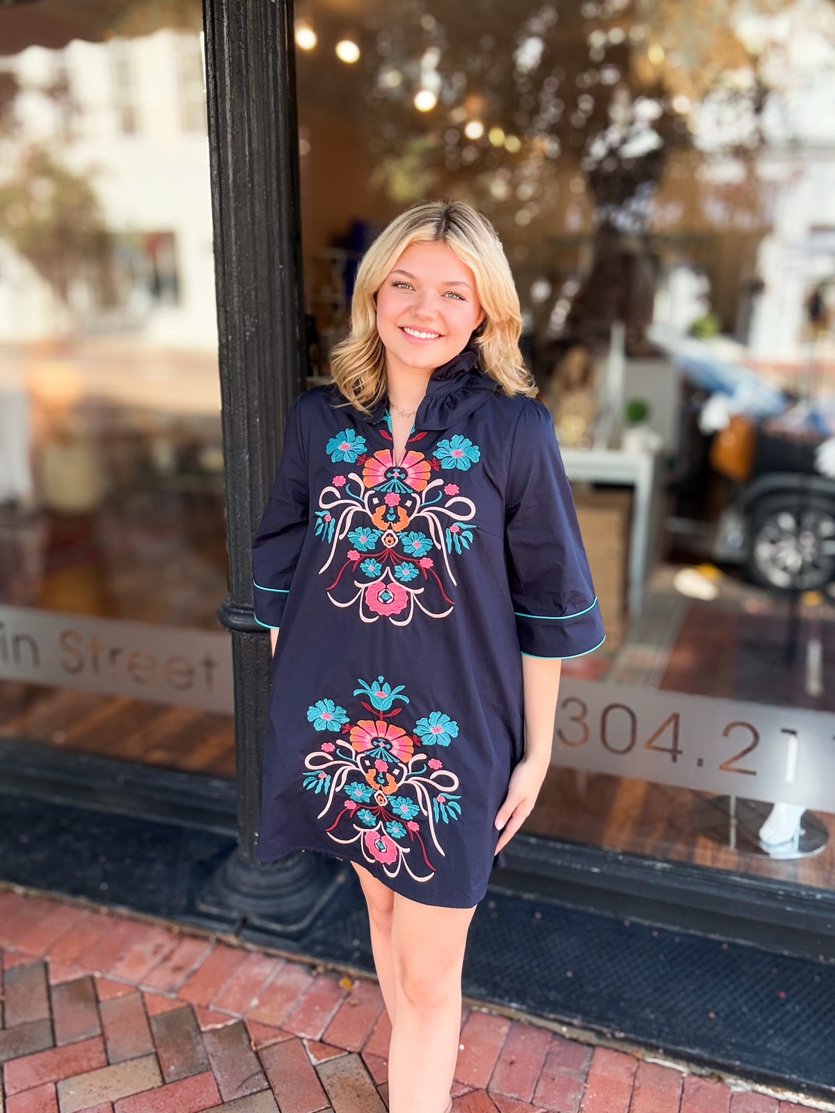Navy Embroidered Detail Dress