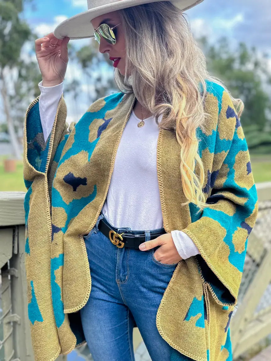 Teal Boho Large Leopard Print Knit Ruana Cardigan