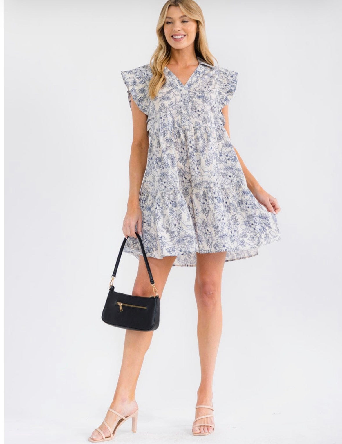 Blue & White Floral Flutter Sleeve Dress