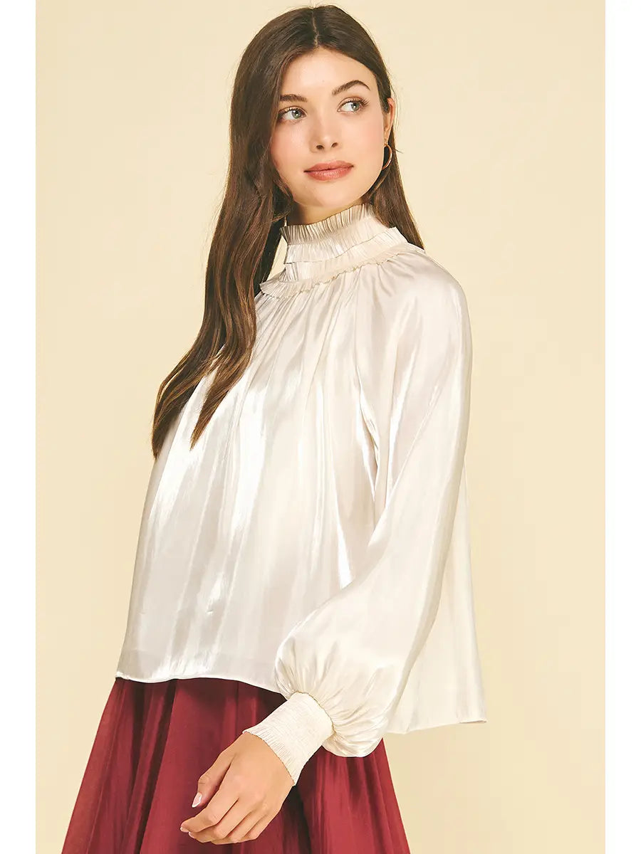 Ivory Silky Satin High Mock Neck Blouse
