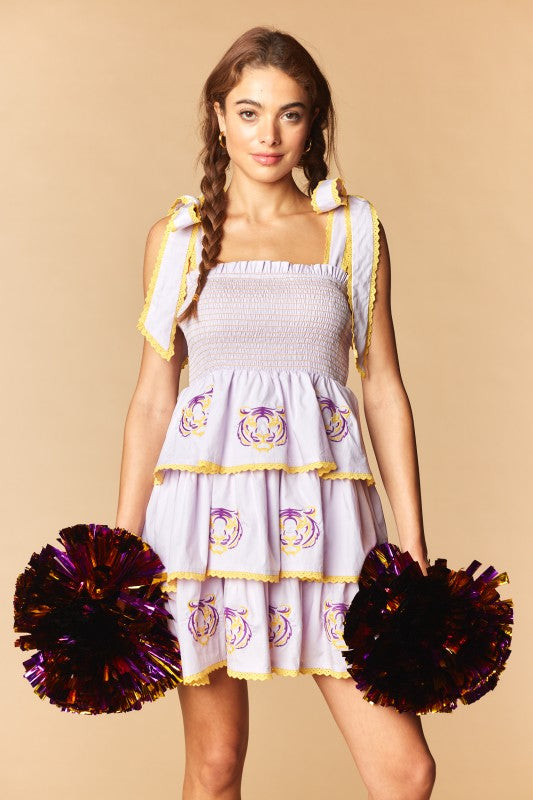 Tiger Embroidered Smocked Dress
