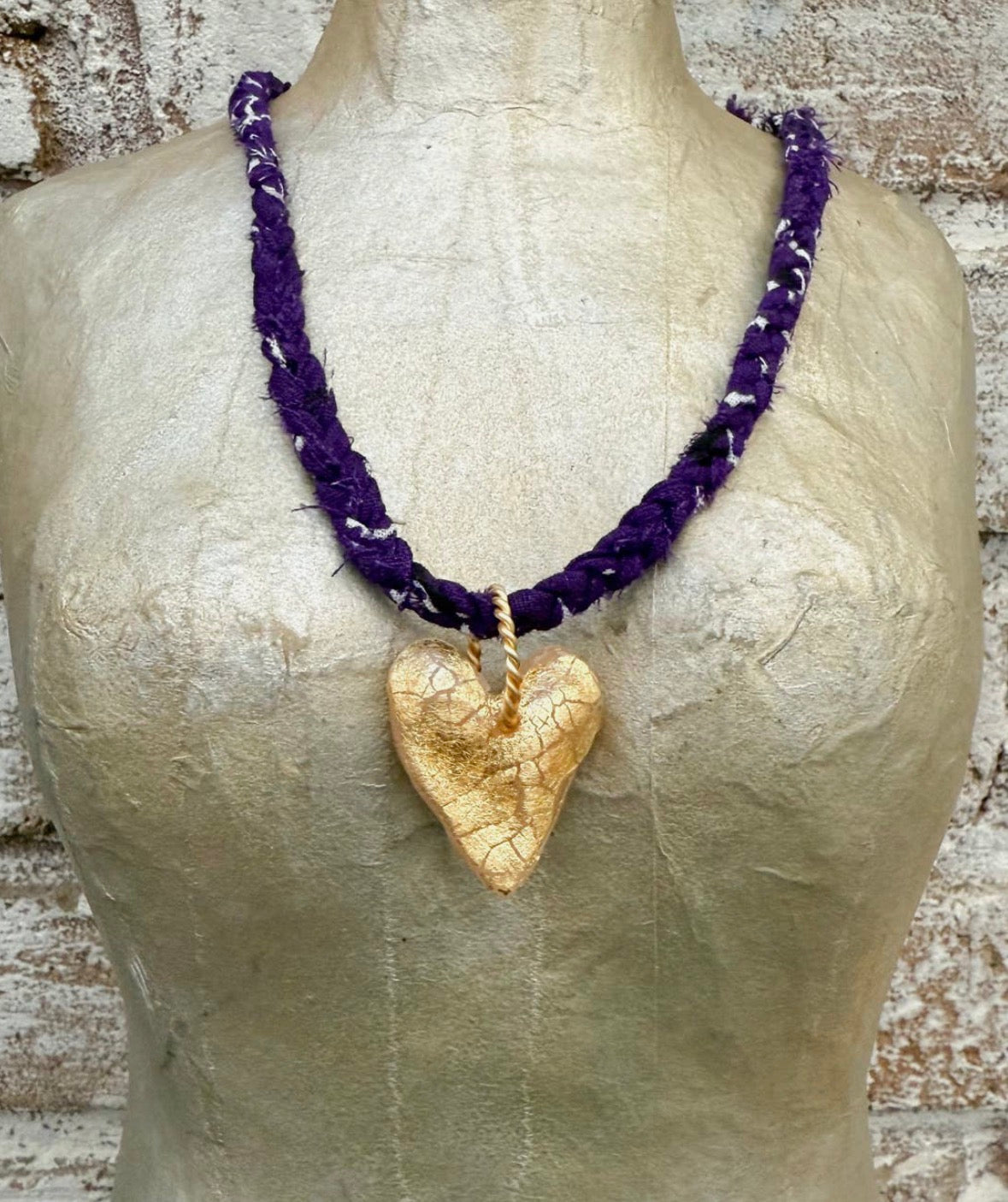 Gold Leaf Heart and Purple Bandana Necklace