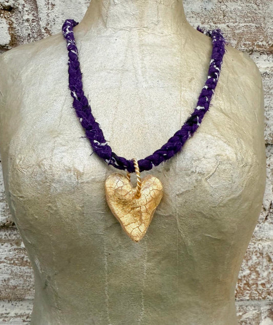 Gold Leaf Heart and Purple Bandana Necklace