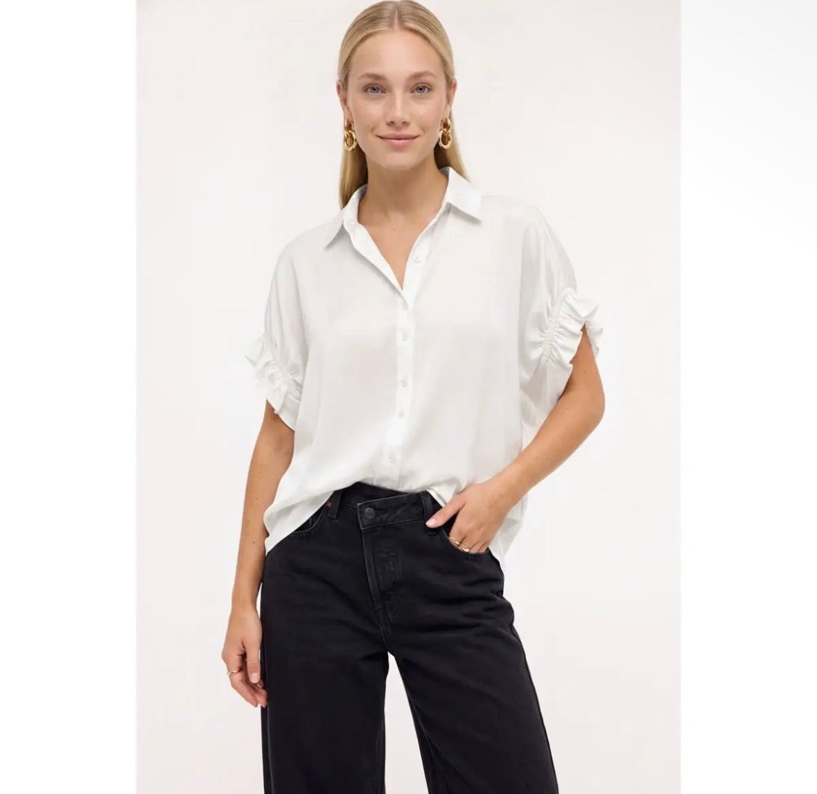 Ruched Sleeve Button Blouse