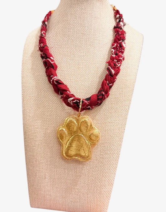 Chunky Gold Leaf Paw and Maroon Bandana Necklace