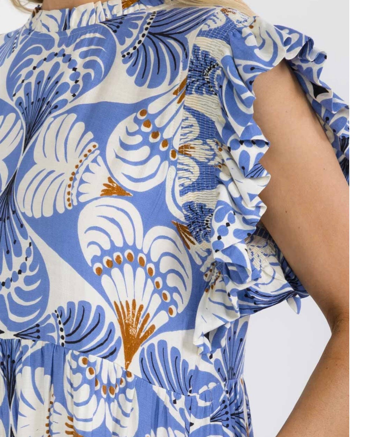 Ruffle Sleeve Blue & Brown Midi Dress