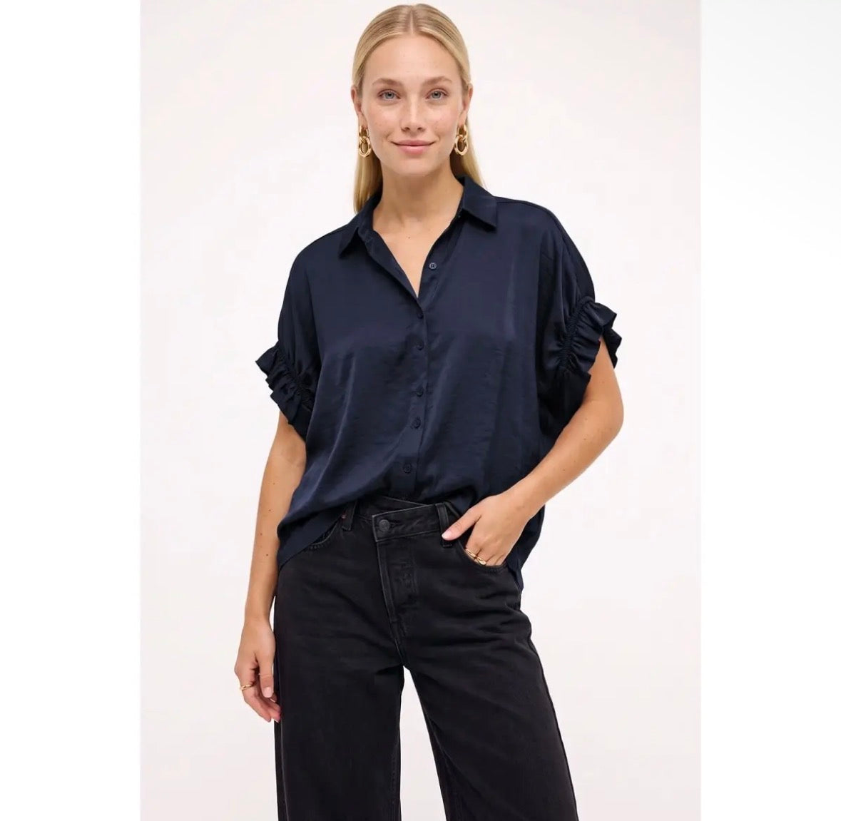 Ruched Sleeve Button Blouse