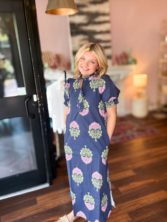 Navy Floral Print Ruffle Collar Button Down Midi Dress