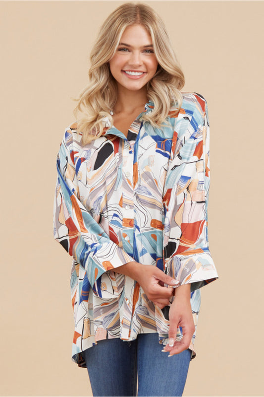Satin Abstract Frilled Neck Top