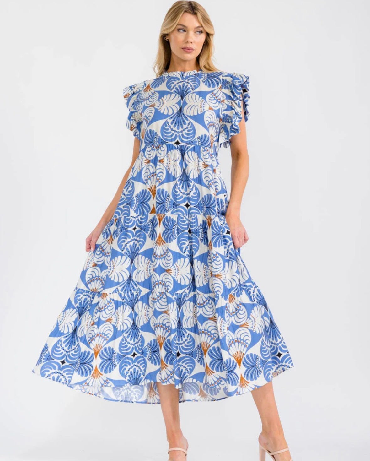 Ruffle Sleeve Blue & Brown Midi Dress