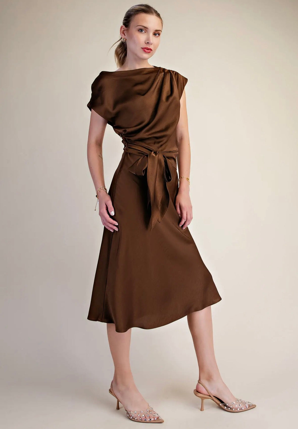 Brown Asymmetrical Tie Midi Dress