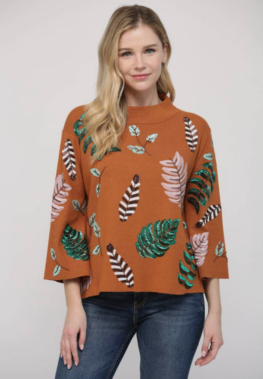 Sequin Embellished Mock Neck Sweater