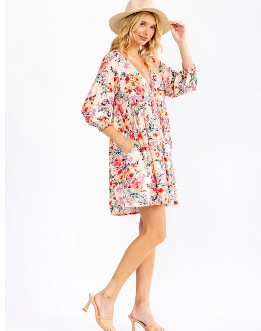 3/4 Sleeve Floral Dress ￼