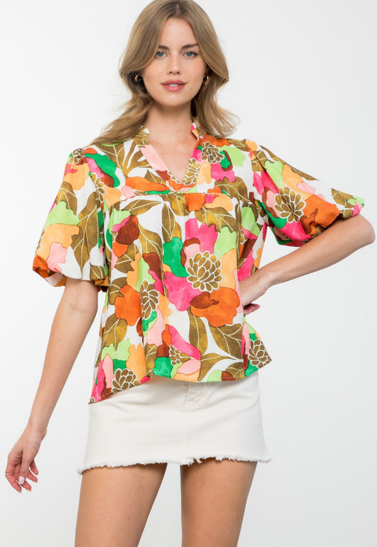 Puff Sleeve Floral Print Top