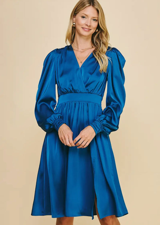Blue Long Sleeve Satin Midi Dress