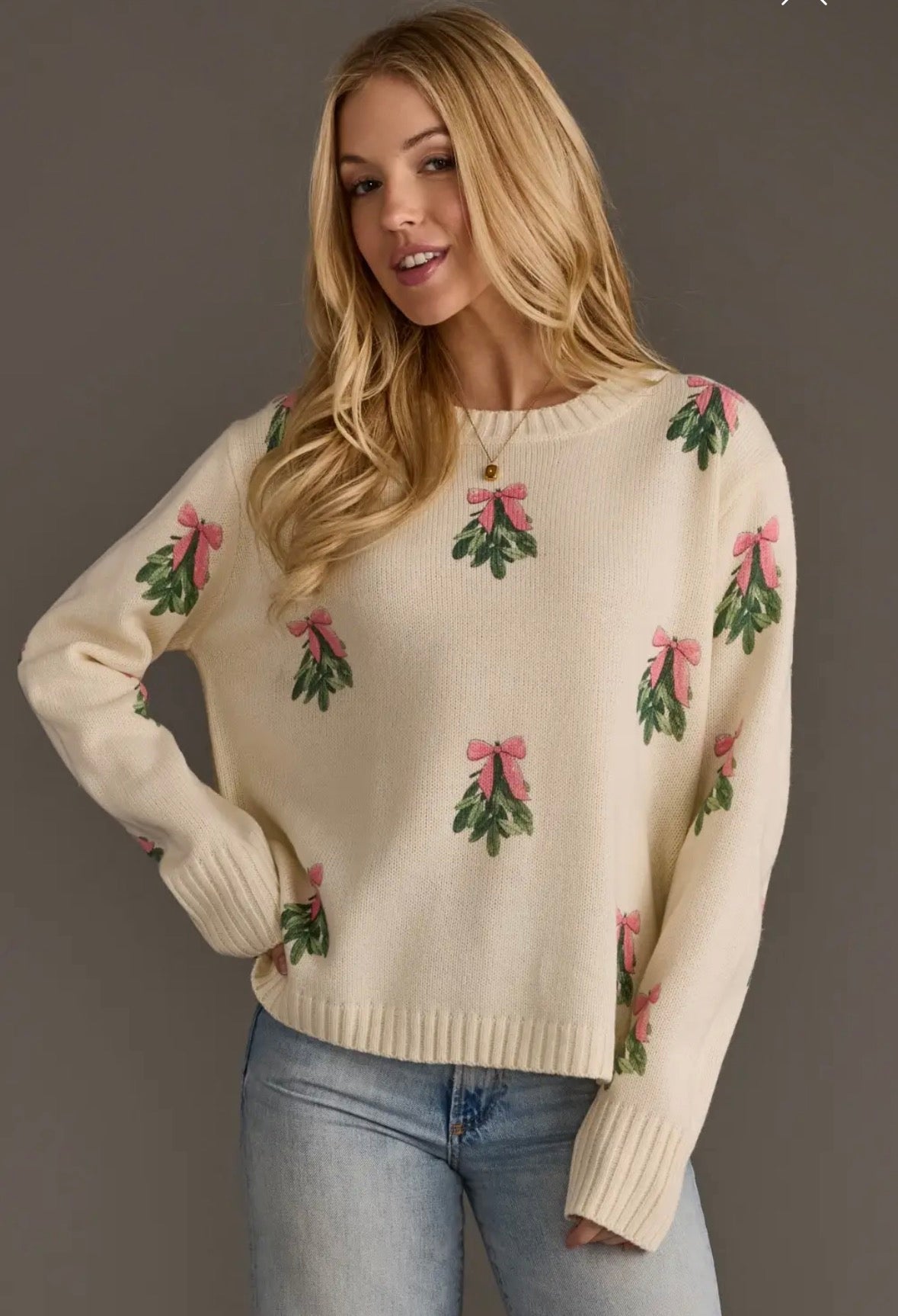 Ivory Tree + Pink Bow Sweater