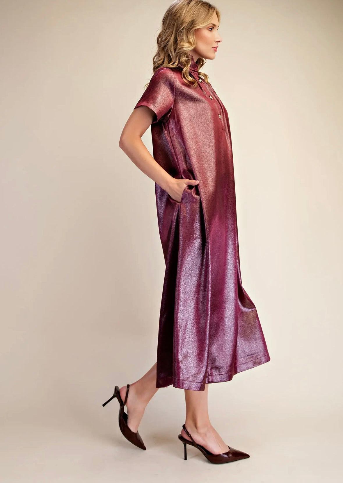 Burgundy High Neck Shimmer Midi Dress