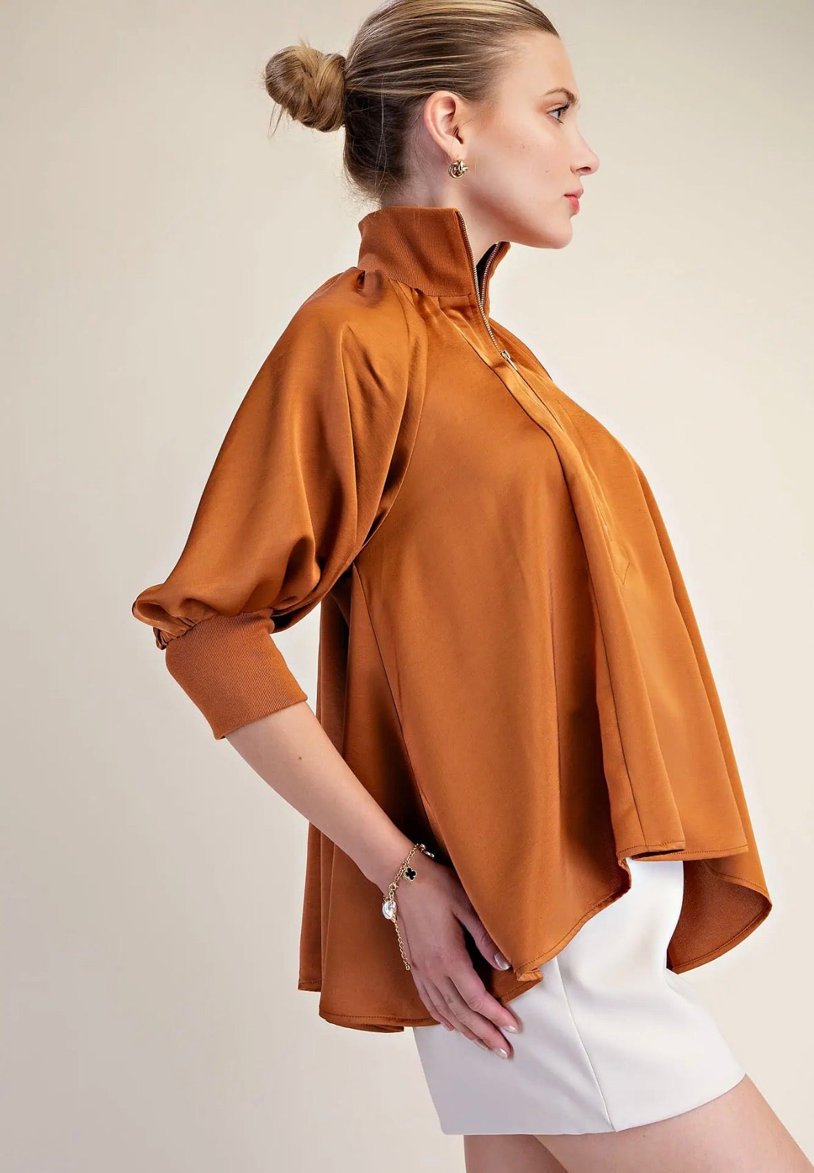 Rust Mock Neck Half Zip Flow Top