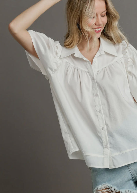 White Poplin Ruffle Button Down