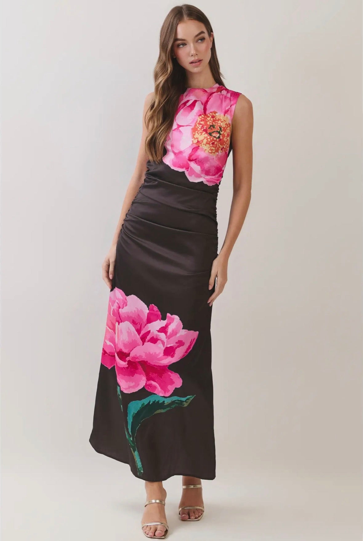 Bold Floral Ruched Maxi Dress