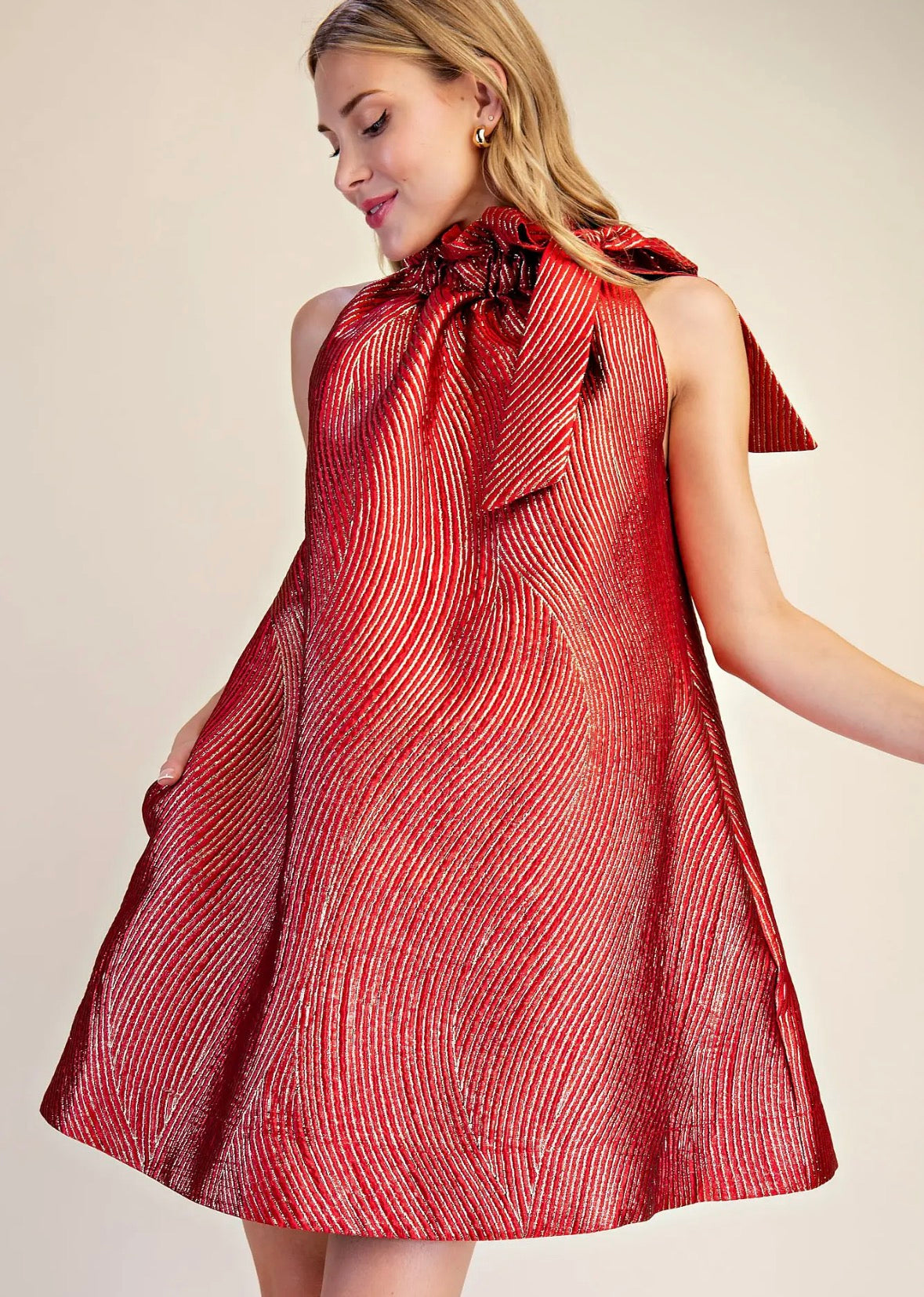 Burgundy Ruffle Neck Tie Jacquard Dress