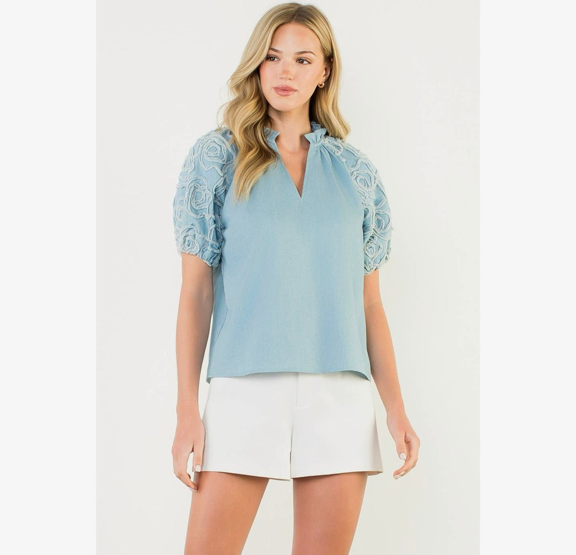 Floral Appliqué Denim Puff Sleeve Top