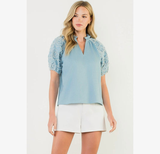 Floral Appliqué Denim Puff Sleeve Top