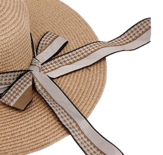 Houndstooth Ribbon Straw Sun Hat