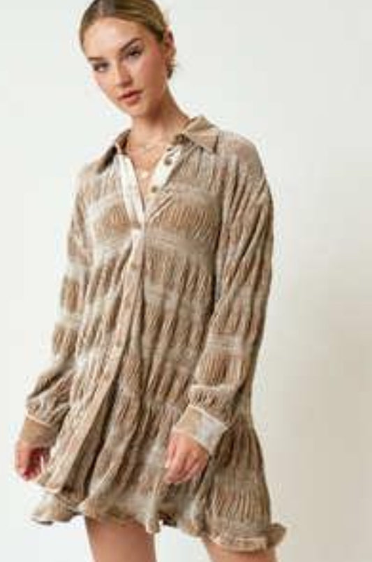 Taupe Sleeved Button Swing Dress