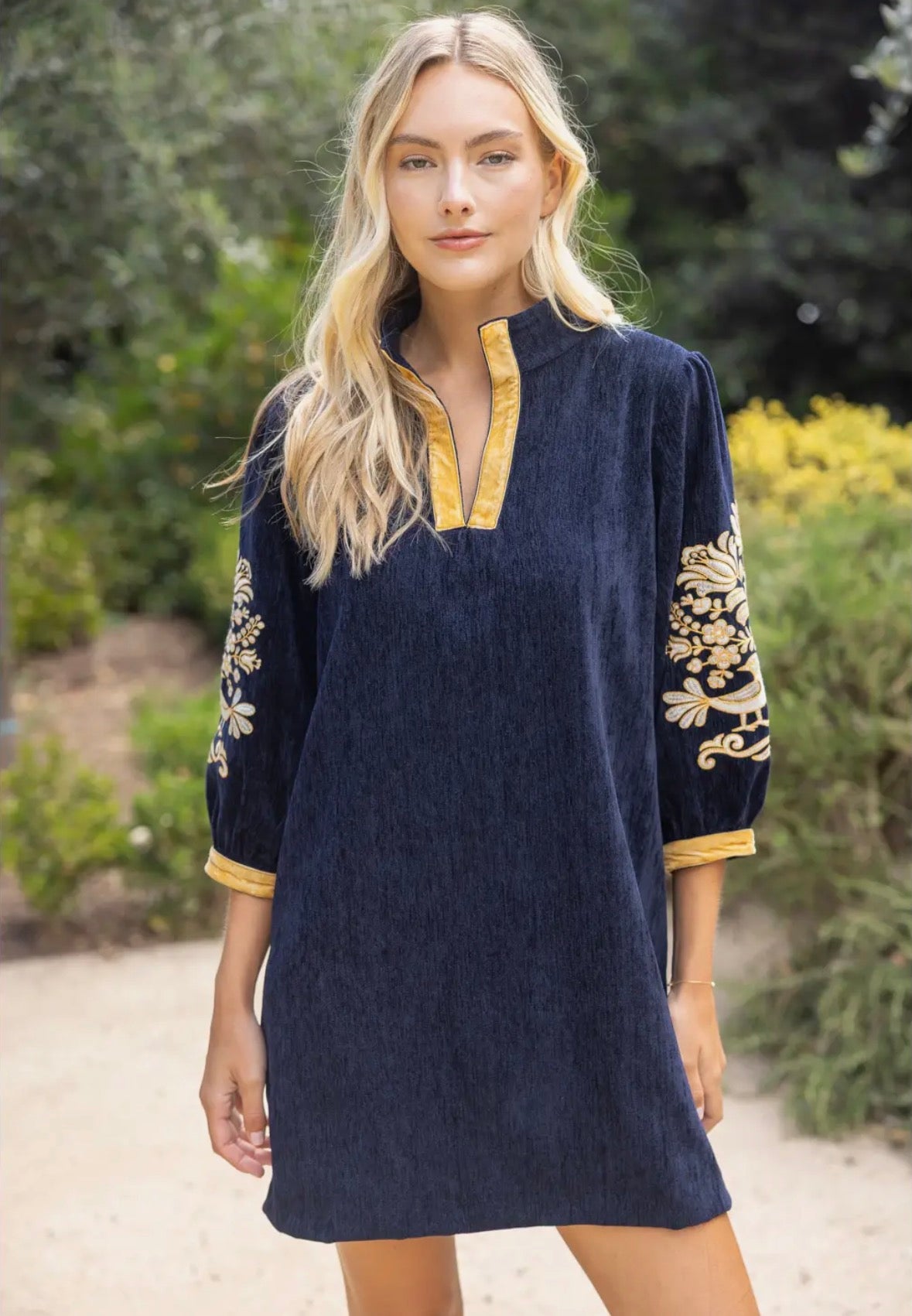 Midnight Gold Embroidered Velvet Dress