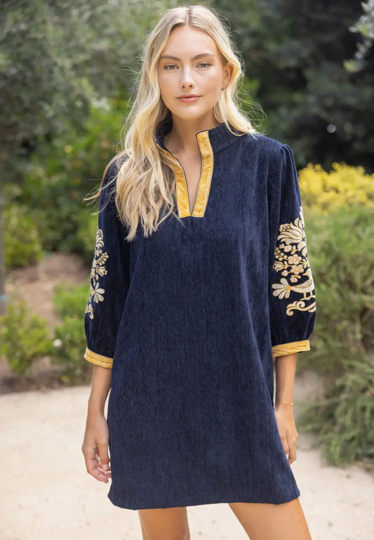 Midnight Gold Embroidered Velvet Dress