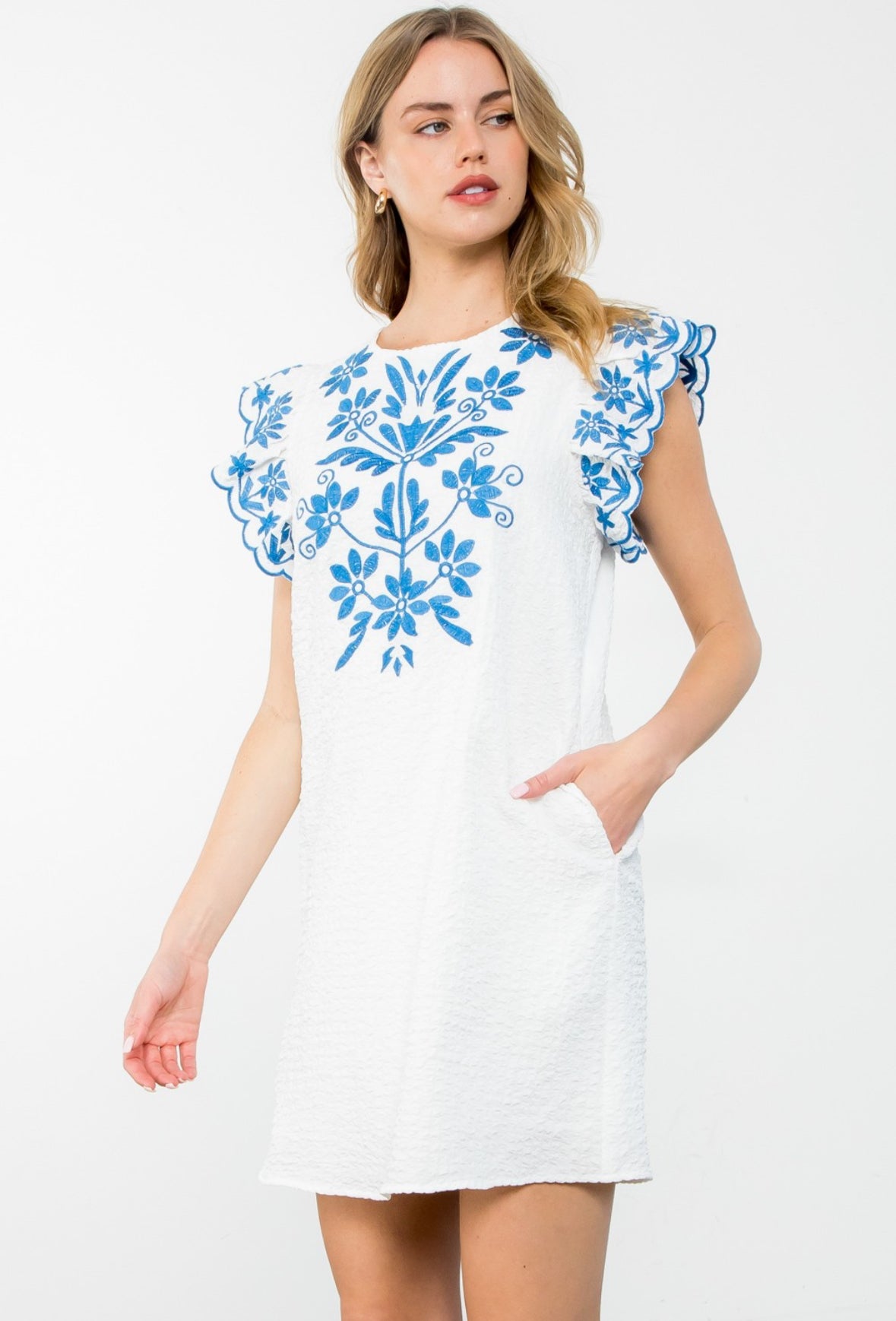 White + Blue Embroidered Dress