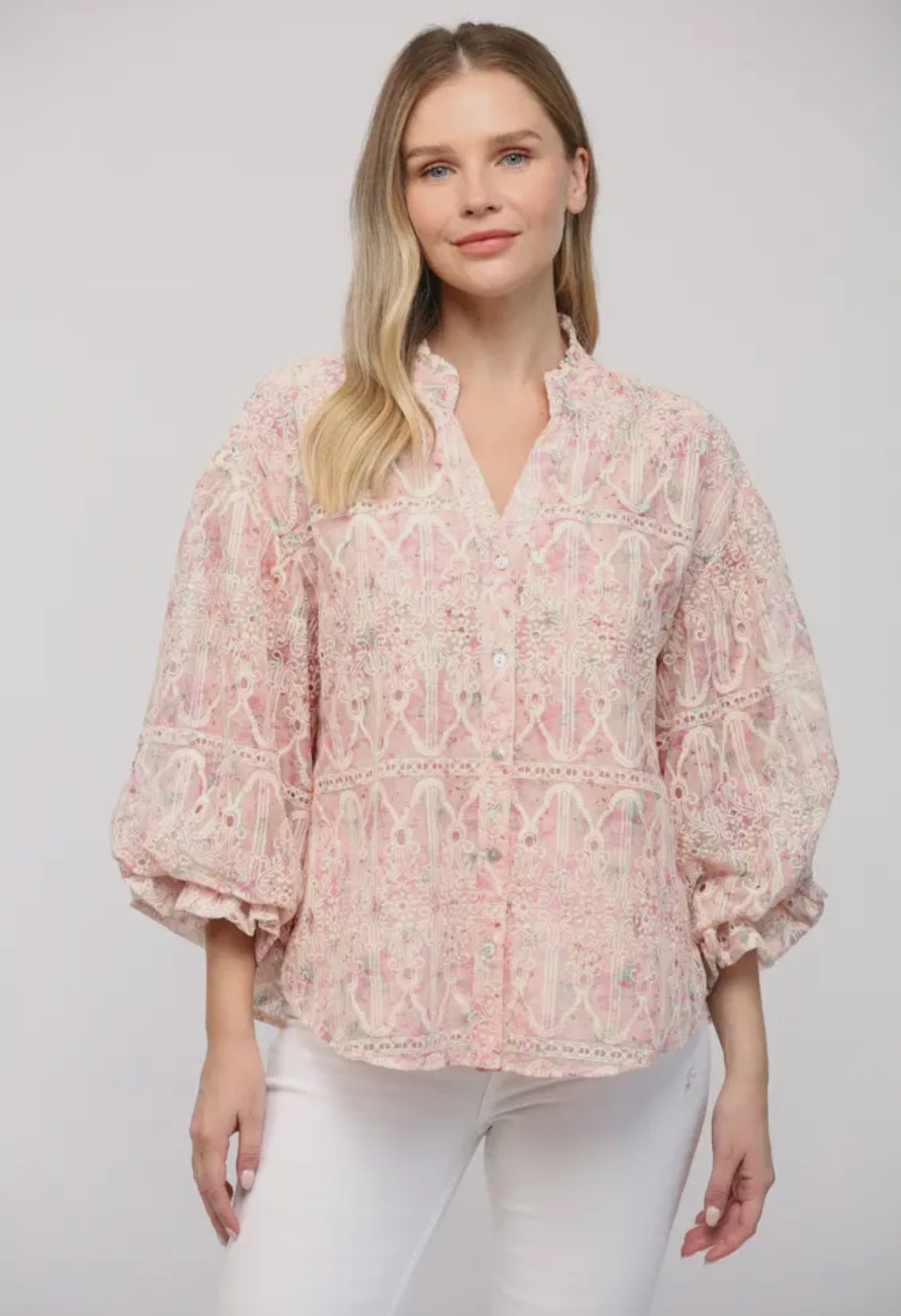 Broderie Split Neck Bubble Sleeve Blouse