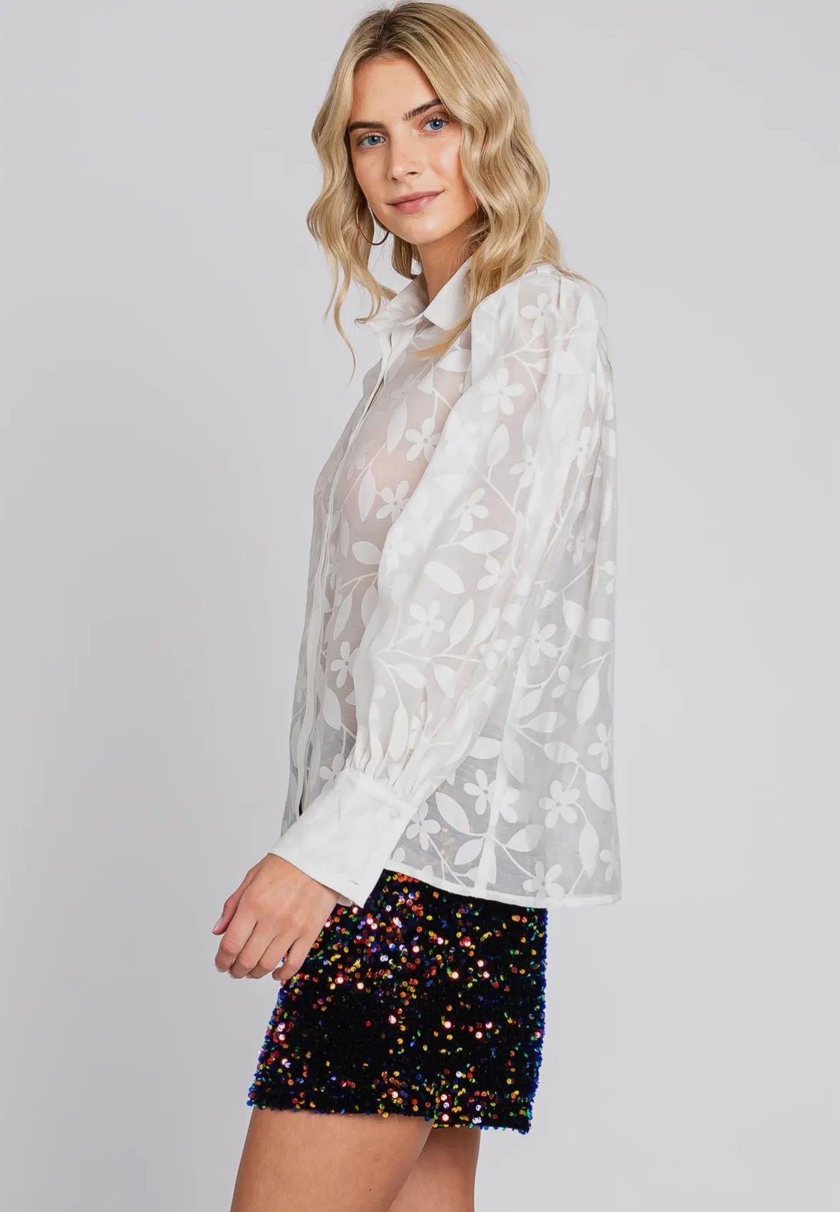 Sheer Floral Button Down Top