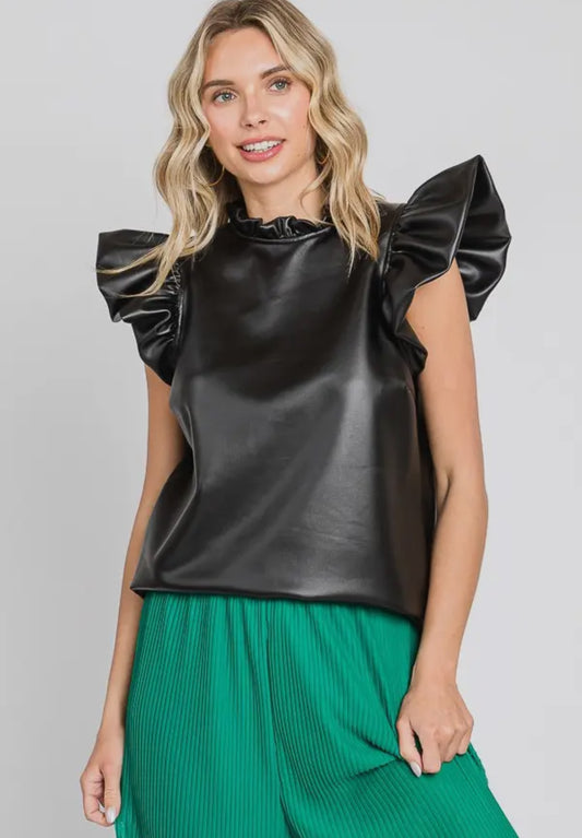 Faux Leather Ruffle Puff Sleeve Top