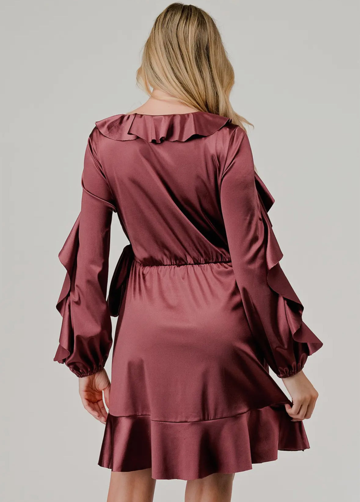 Marsala Satin Ruffle Dress