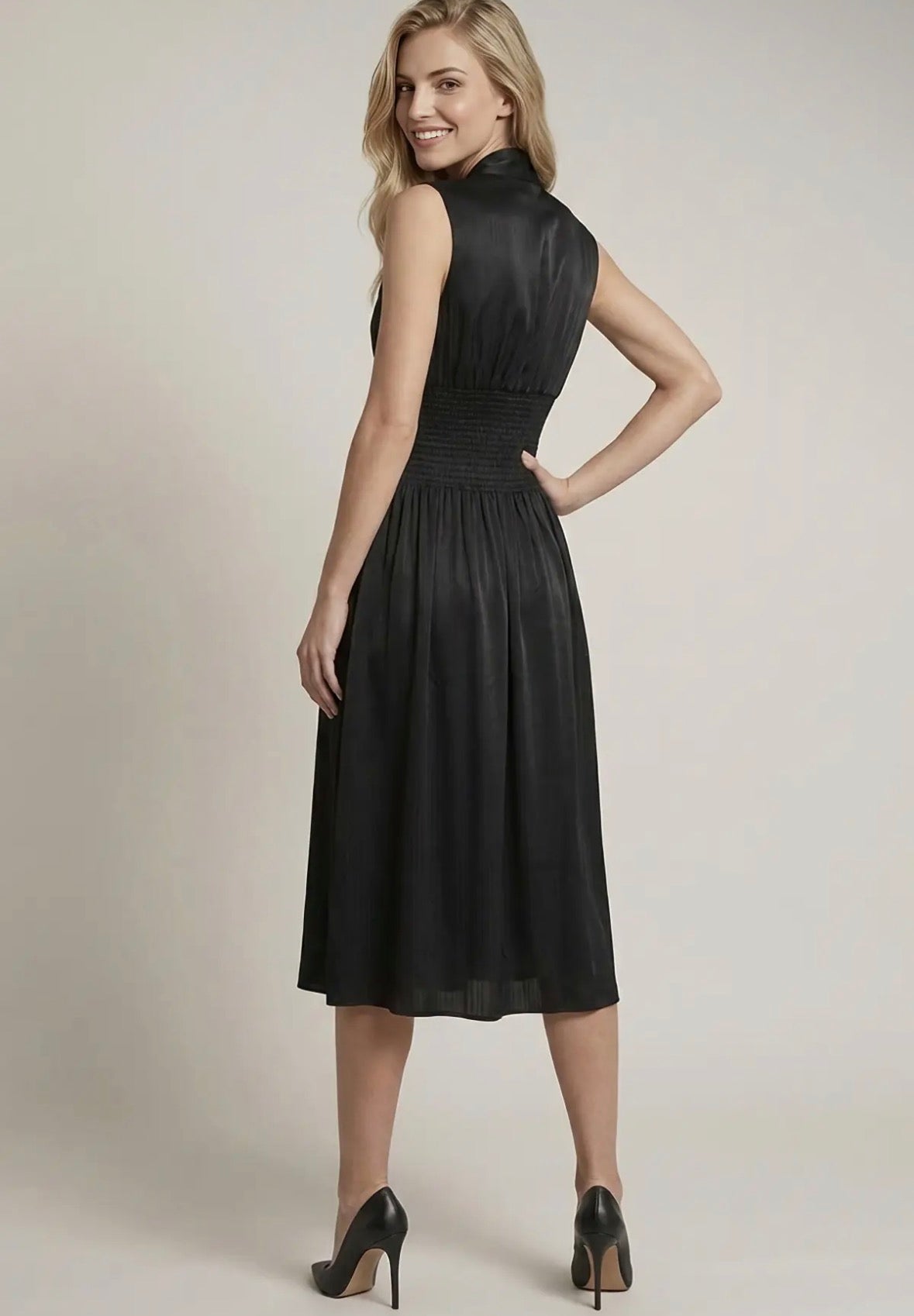 Black Smocked Waist Midi Dress