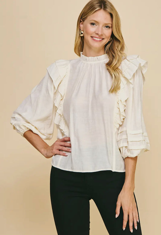 3/4 Length Sleeve Ruffle Woven Top