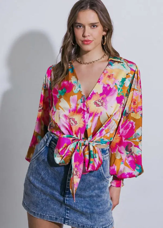 Floral Satin Tie Cropped Top