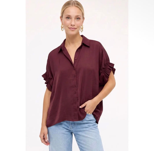 Ruched Sleeve Button Blouse